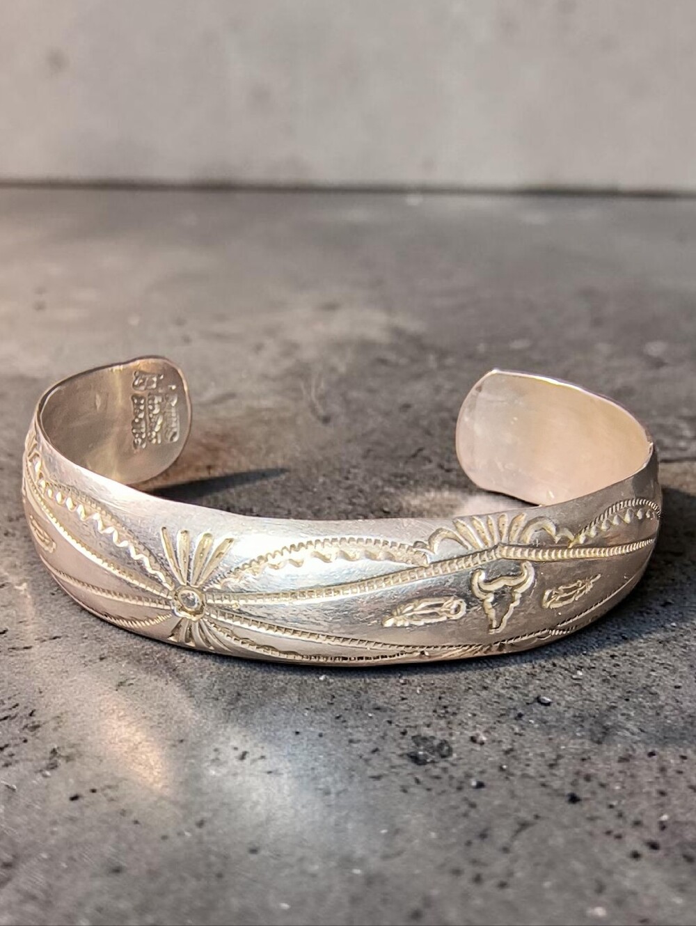 Navajo Gilbert Begay Sterling Silver Floral & Longhorn Engraved Cuff Bracelet